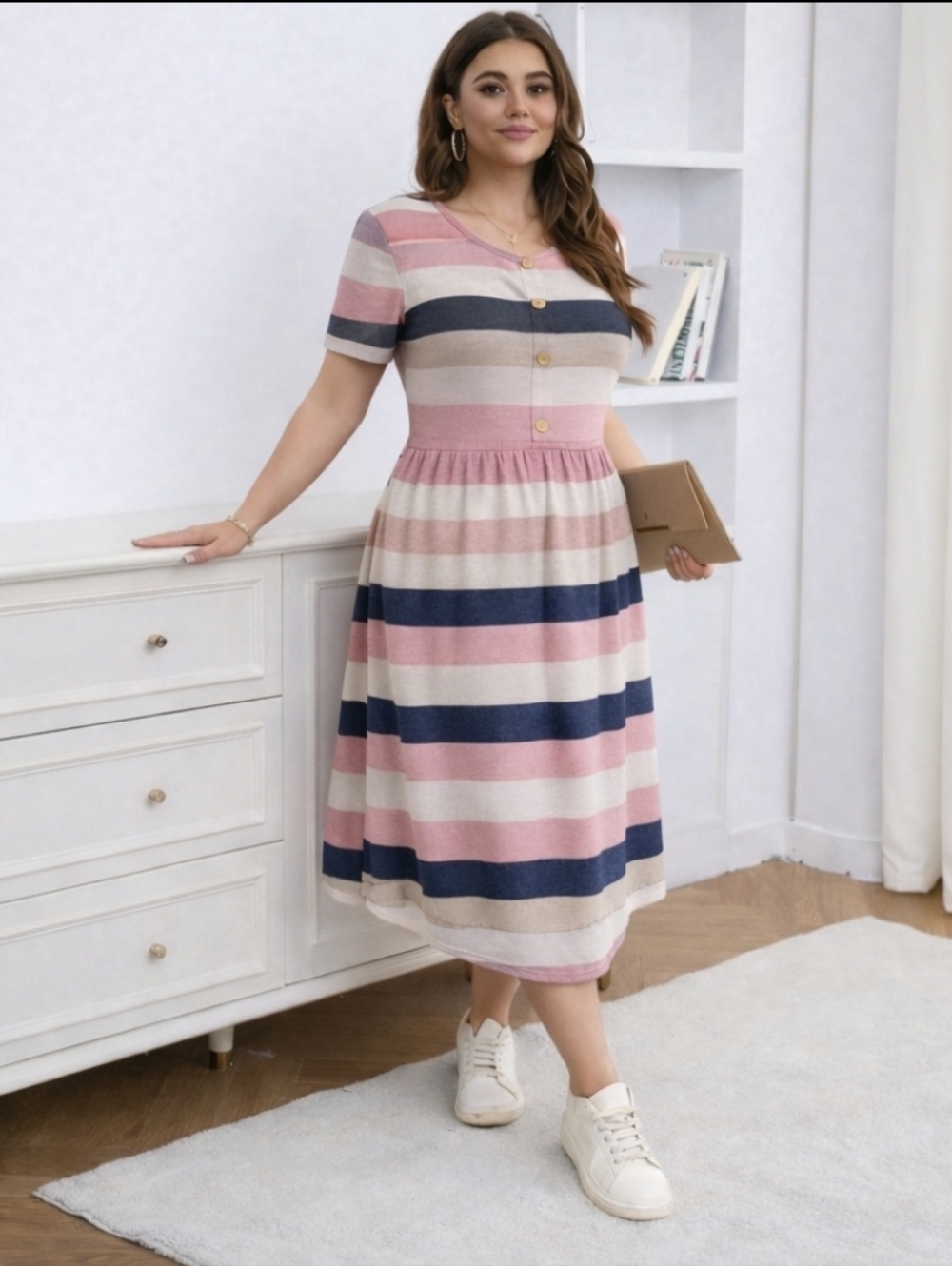 Emery Rose Curve 2XL Pink Blue Beige Knit Stretch Short SLEEVE DRESs Button